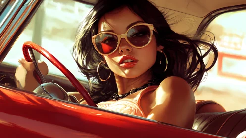Stylized woman in sunlit vintage car rendered in digital realism