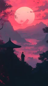 Crimson moon heaves over a lone wanderer above misted valleys