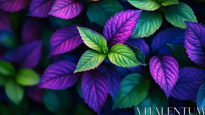 Neon green and violet foliage in high-contrast macro study.