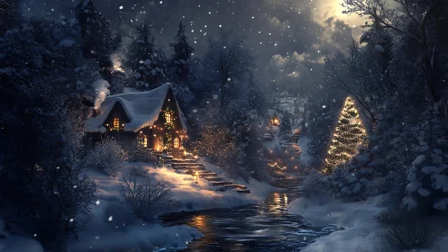Snowlit riverside cottages wrapped in winter holiday glow.