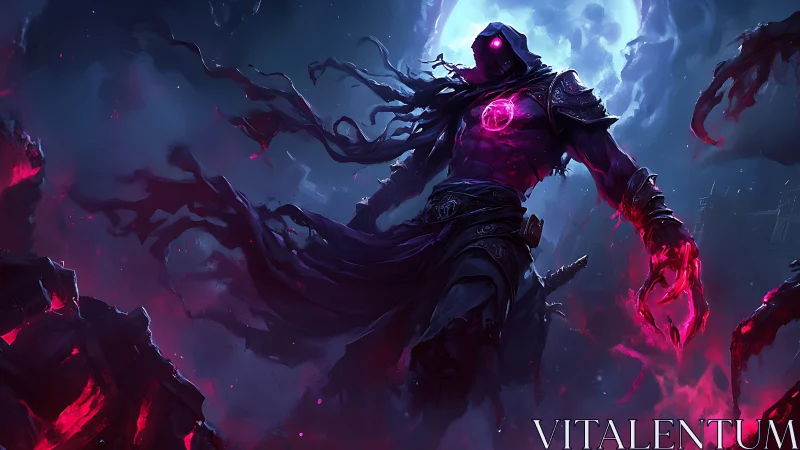 Mystic shadow mage rising under a glowing violet moon.