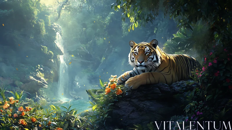 Resting tiger dominates luminous jungle waterfall vista calmly