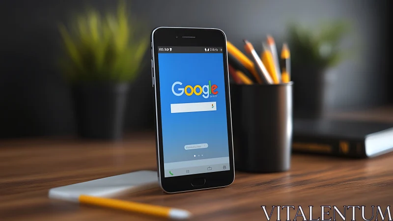 Google Search Mobile Interface on Smartphone Desk.