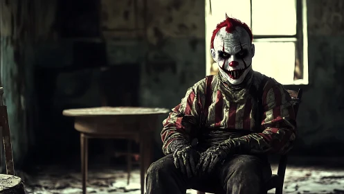 Sinister clown portrait in abandoned interior with dramatic light