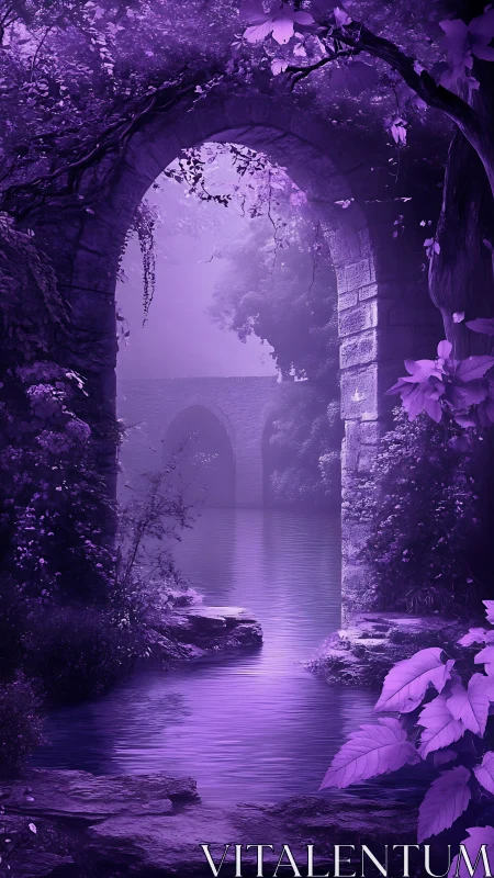 Violet stone archway opening onto misty enchanted river.