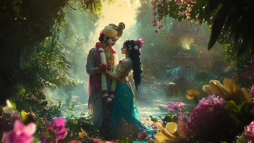 Divine lovers stand in a lush, enchanted temple garden.