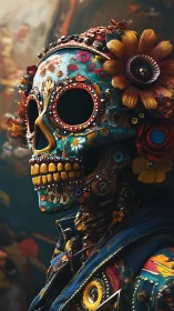 Floral sugar skull portrait with jeweled cybernetic detail.