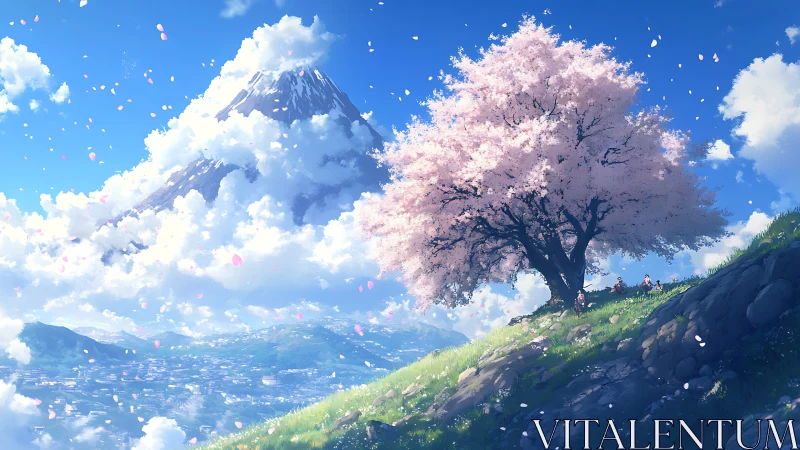 Cherry blossom tree overlooks valley beneath distant peak