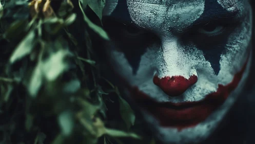 Sinister clown portrait peers through shadowed foliage gloom