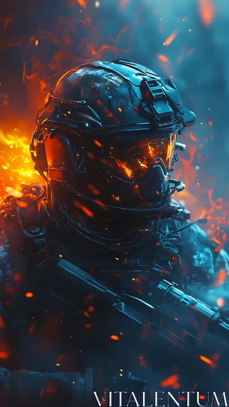 Armored futuristic soldier strides through rising inferno.