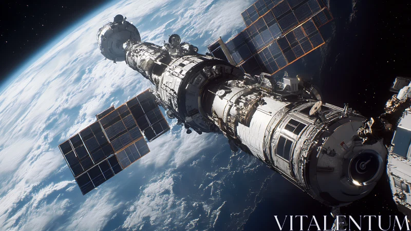 Photorealistic modular space station in low Earth orbit rendering.