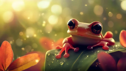 Macro-rendered red tree frog on dewy foliage at dusk.