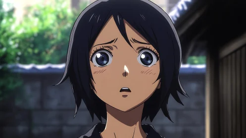 Worried anime girl gazes upward in a quiet alleyway.