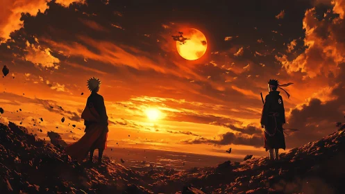 Twin warriors silhouetted against molten dusk sky.