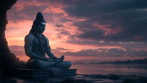 Meditating Shiva statue beside misty river at sunrise
