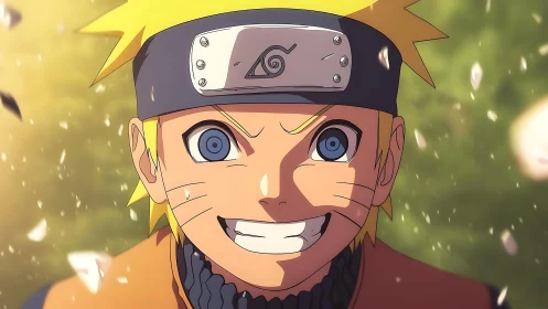 Energetic blond ninja portrait under drifting petals.