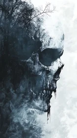 Double-exposure skull silhouette merges forest canopy with drifting smoke