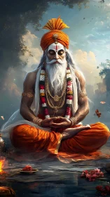 Serene orange-robed sage in deep riverside meditation.