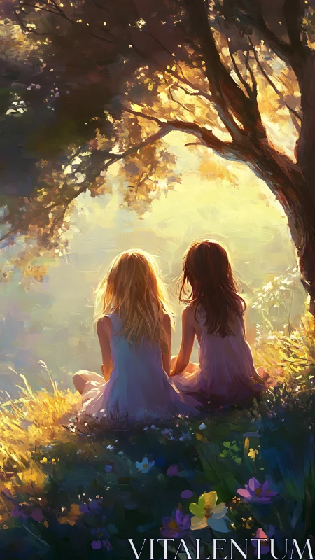 Sunlit meadow sisters under glowing summer tree at dusk.