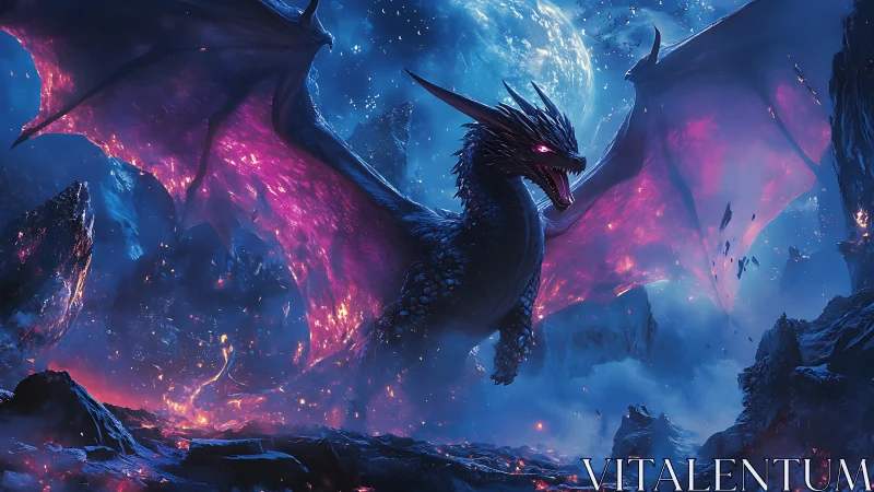 Cosmic dragon soars through glowing volcanic nightscape.