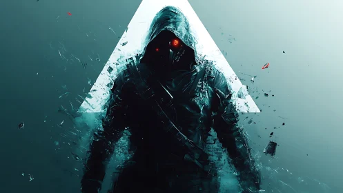 Hooded cyber rogue emerging from shards of neon dusk.