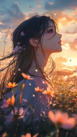 Side-profile anime girl in flower field at sunset light.