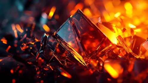 Geometric Crystals with Fiery Glow in Abstract Digital Art Style.