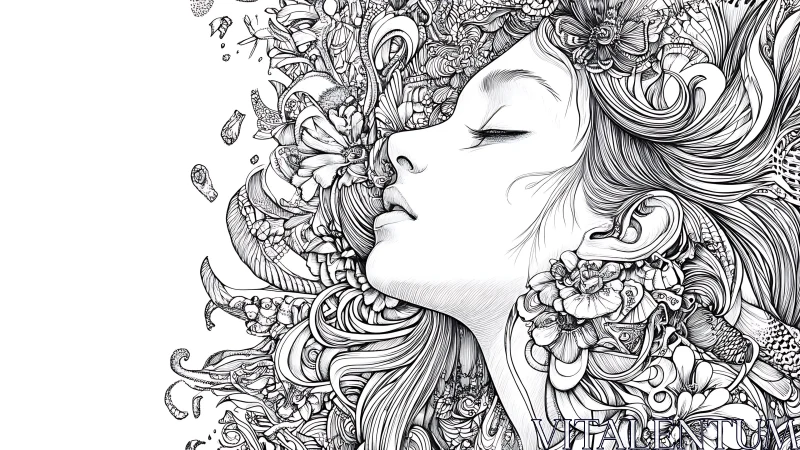 Dreaming profile exhales gardens of intricate ink flora