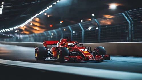 Photorealistic Formula race car at illuminated night circuit.