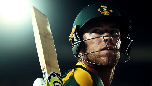 Cricketer under floodlights with bat and helmet in focus.
