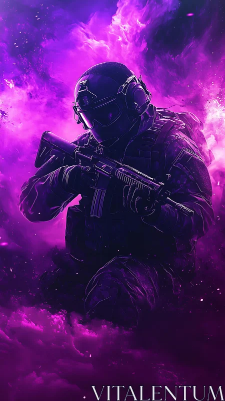 Armored rifleman stands in dense purple atmospheric haze