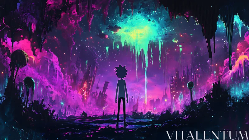 Silhouetted explorer surveys neon cosmic cavern in vivid chroma