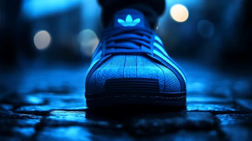 Low-angle neon blue sneaker close-up on wet cobblestone street