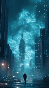 Silhouetted figure observing illuminated storm above city street.