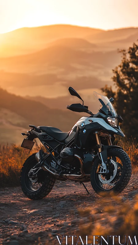 Sunlit adventure motorcycle resting on a mountain trail.