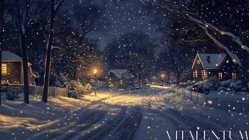 Snowy village lane under warm lamplight at winter night.