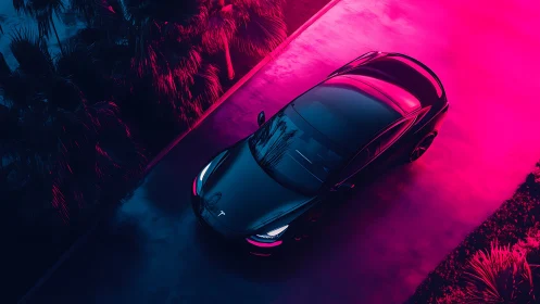 Neon-lit aerial study of electric sedan in chromatic gradient.