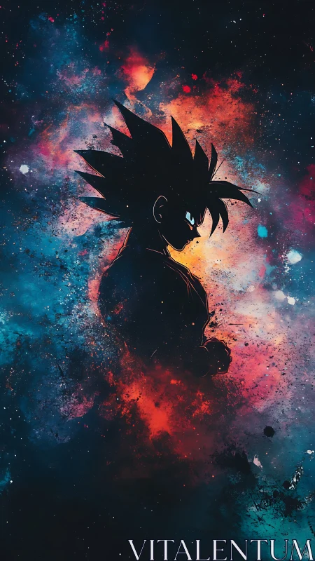 Celestial silhouette of spiked-haired warrior in nebular field.