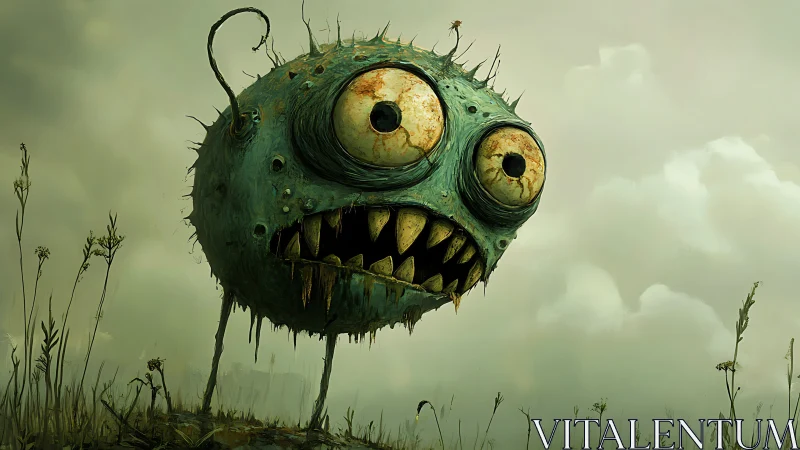 One-eyed green monster hovers over misty field landscape