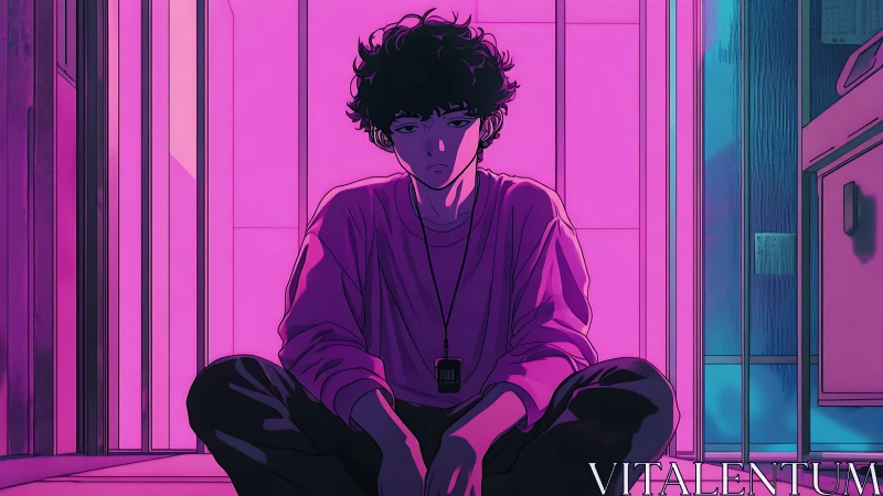 Neon hallway daydreamer soaking in electric loneliness.