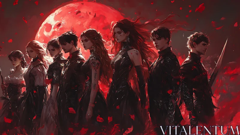 Crimson-lit warrior ensemble aligned under oversized blood moon