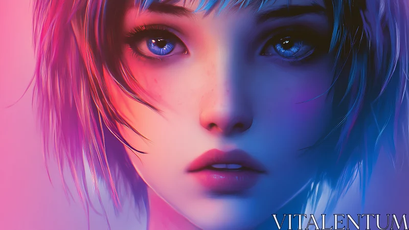 Neon-lit anime portrait captures ethereal gaze in close-up.