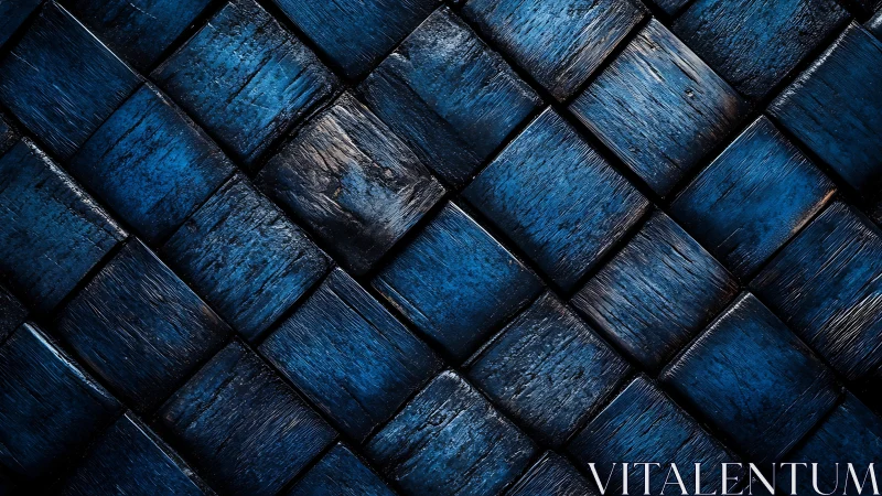 Diagonal blue wooden tiles form a textured geometric grid