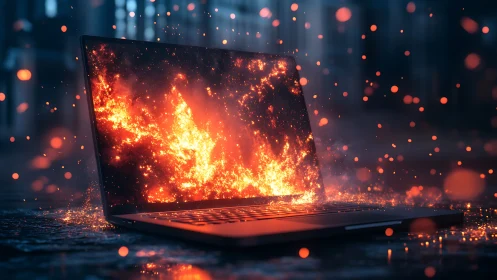 Digital Fire: Laptop Ablaze with Glowing Energy.