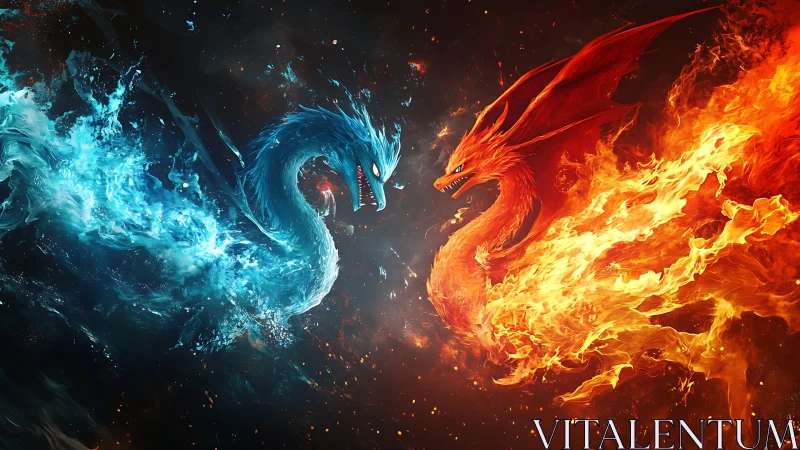 Elemental dragon duel where water and fire trade stares.