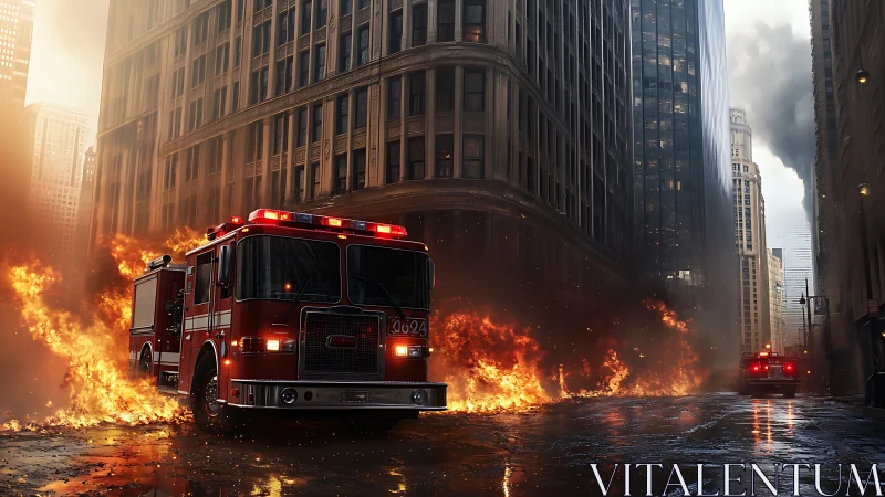 Urban Firestorm: Photorealistic Fire Truck in Crisis.