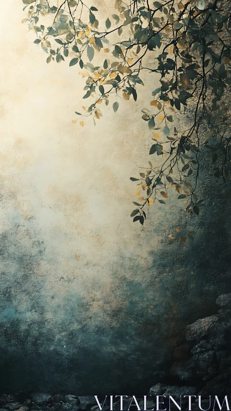 Overhanging branch is depicted against textured gradient wall