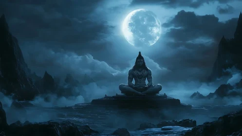 Moonlit meditative deity rendered in atmospheric digital chiaroscuro