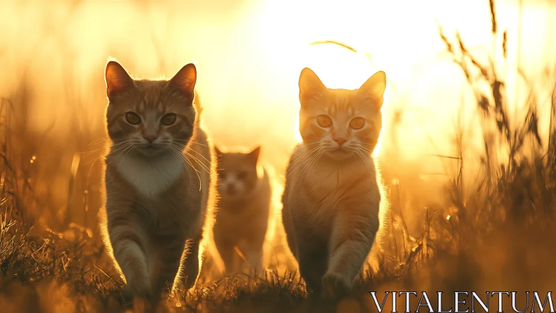 Golden Hour Feline Trio: Cats Prowling Through Luminous Grass.