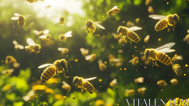 Golden honeybees dancing through sunlit garden air.